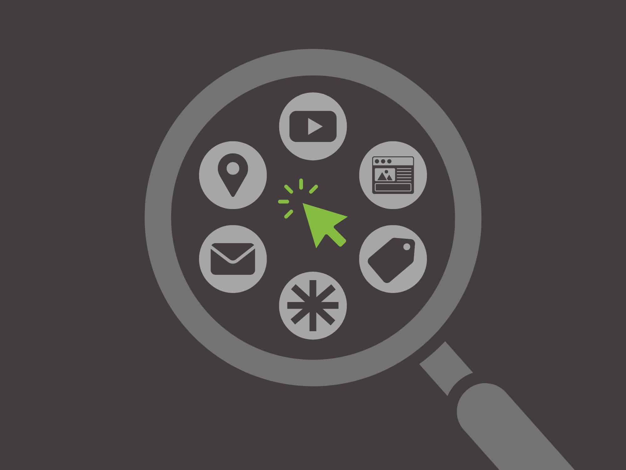 Grey magnifing glass surrounding a circle of 6 icons related to PPC advertising, with a green cursor clicking in the middle.