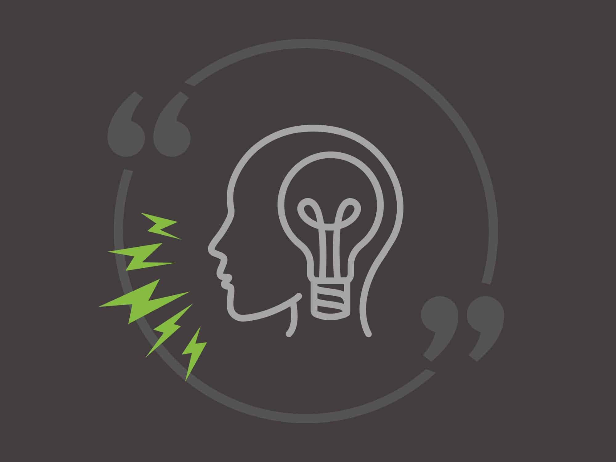 A grey image of a head with light buld speaking surrounnded by a circle and quote marks