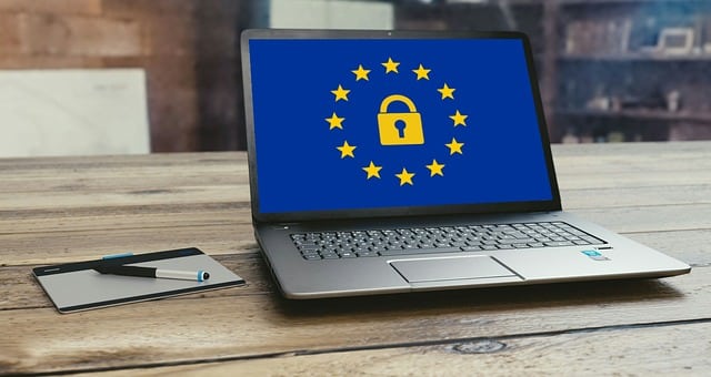 laptop screen showing the Europe flag on the screen