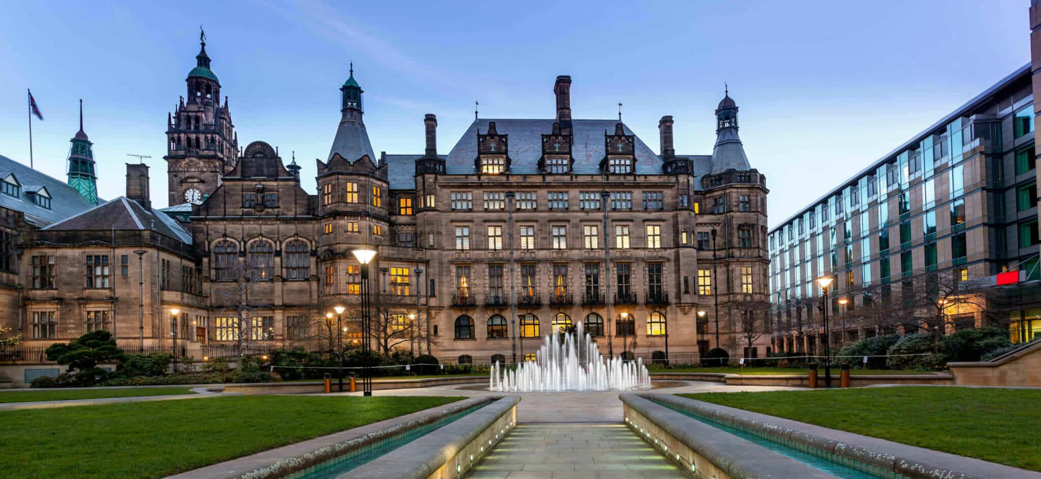 sheffield city town hall and peace gardens in the evening