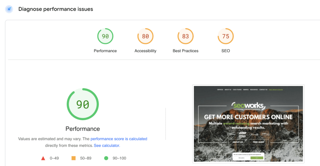 Page Speed Insights example results