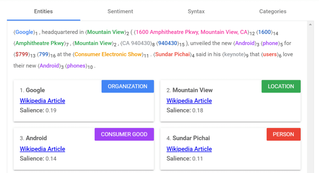 Screenshot of Google's NLP API