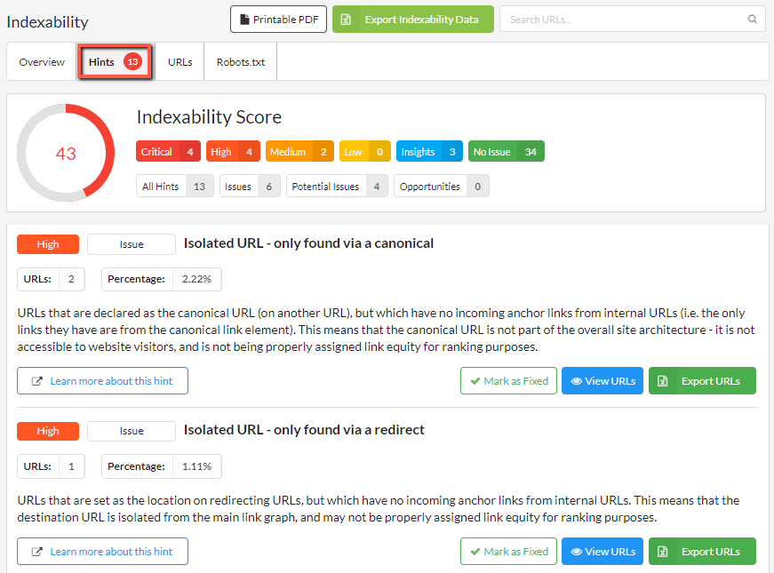 Screenshot of Sitebulb crawler flagging orphan pages as isolated URLs