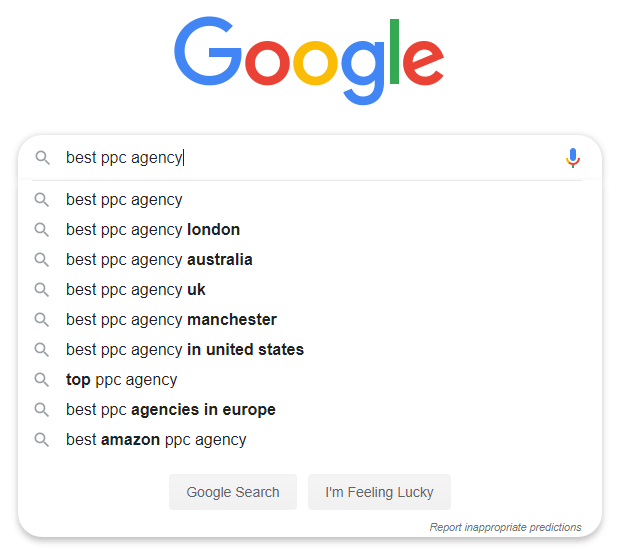 PPC Keyword research - use the google search bar