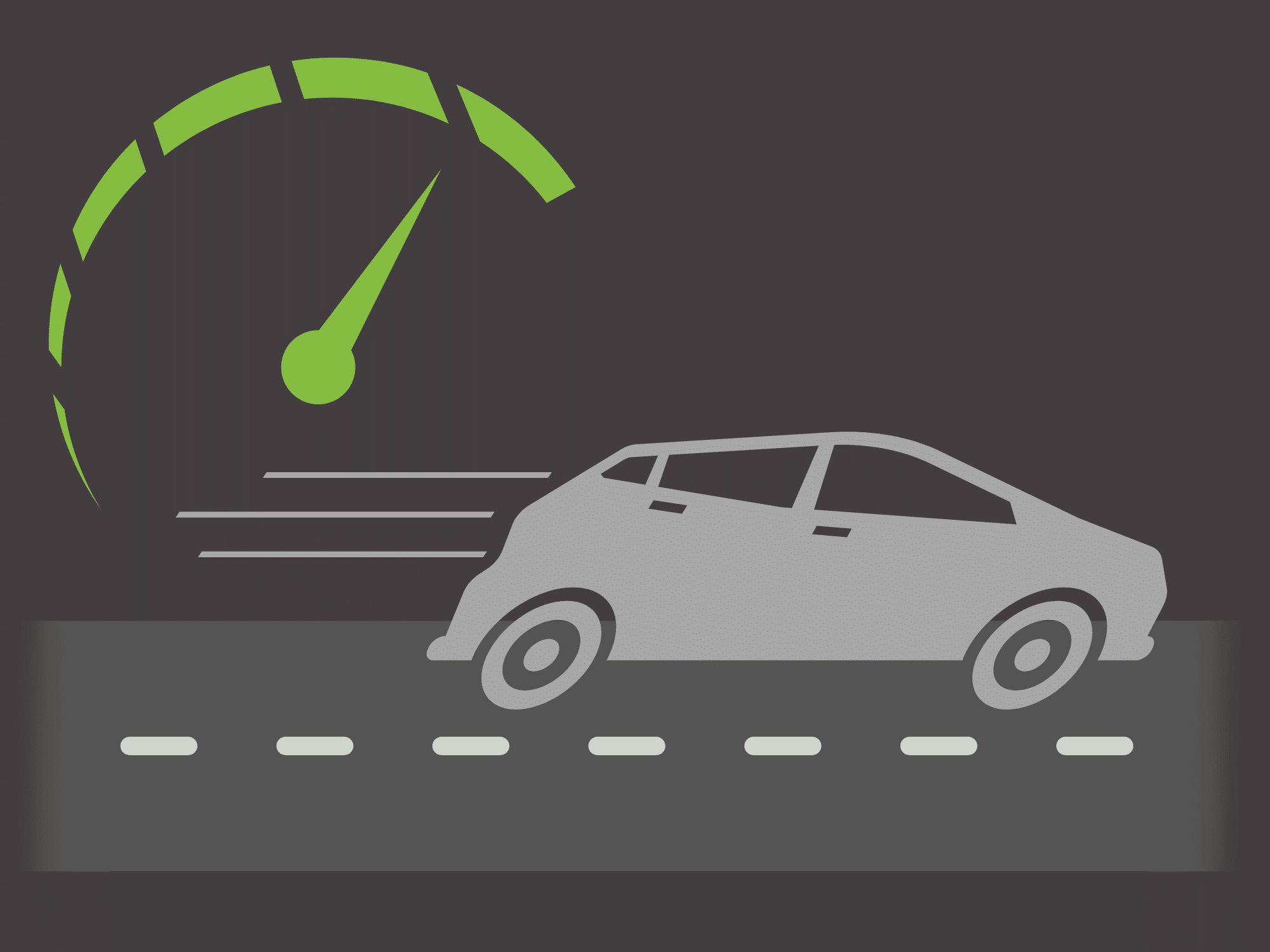 a cartoon car driving along a road at speed with speedometer in the corner