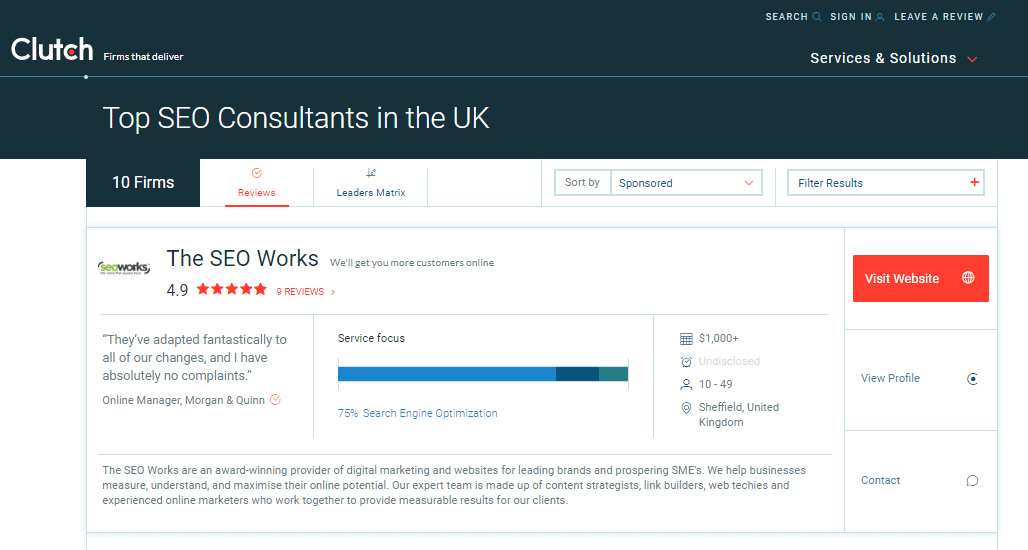 screenshot of The SEO Works number one for SEO consultant on Clutch