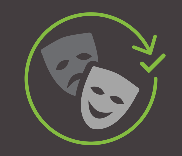 image showing two theatre masks encompassed by a large green circular arrow