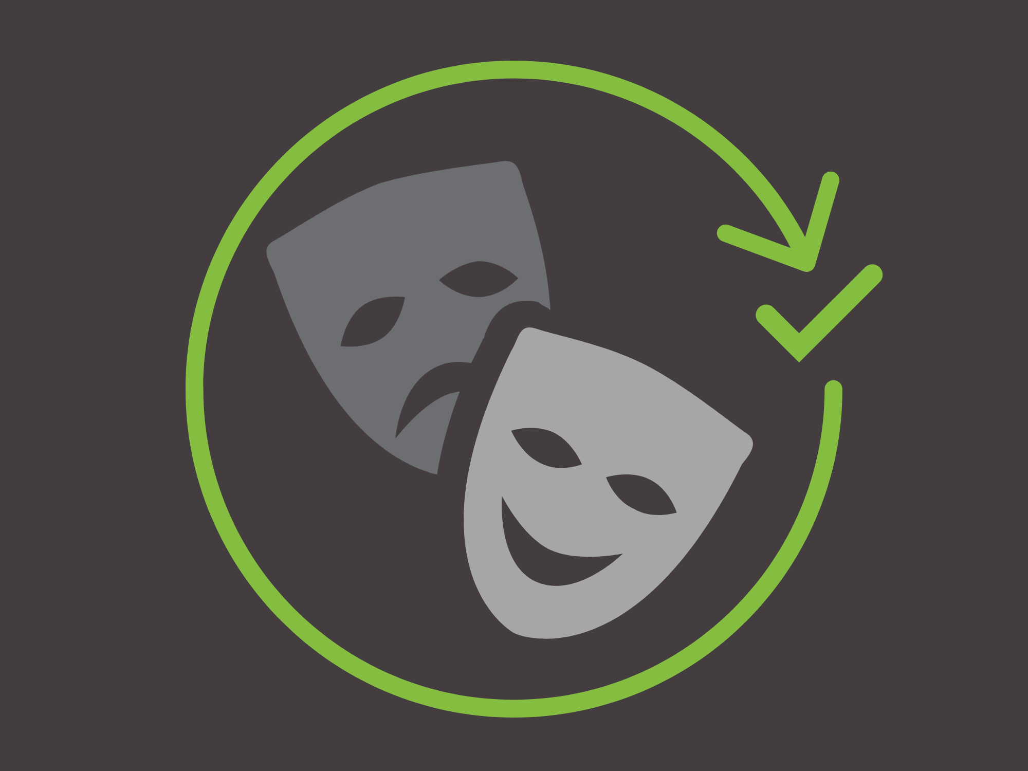image showing two theatre masks encompassed by a large green circular arrow