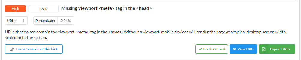 Sitebulb screenshot showing high-priority issue of missing viewport <meta> tag