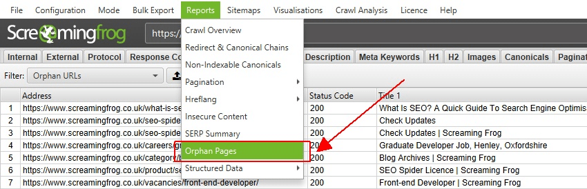 Screenshot of Screaming Frog spider flagging orphan page issues