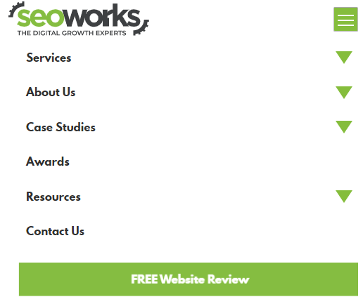 SEO Works hamburger menu structure on mobile