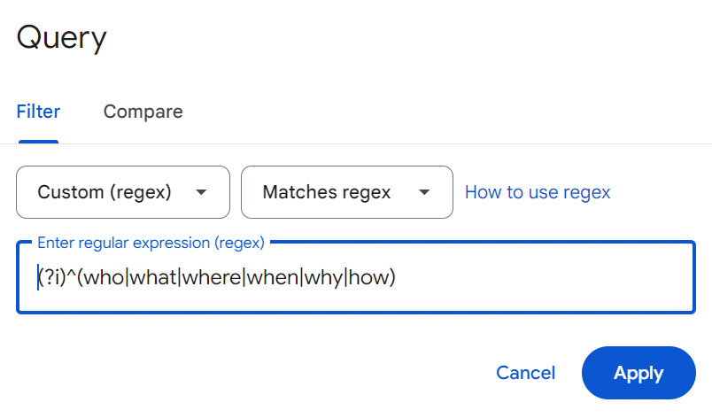 Google Search Console regex filter options