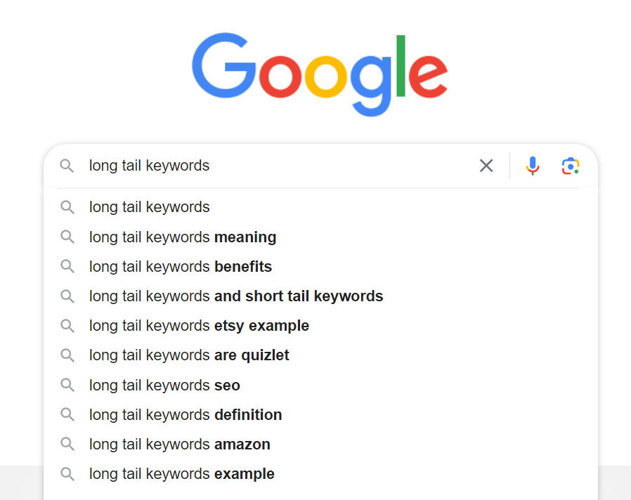 Google autocomplete example for long tail keywords