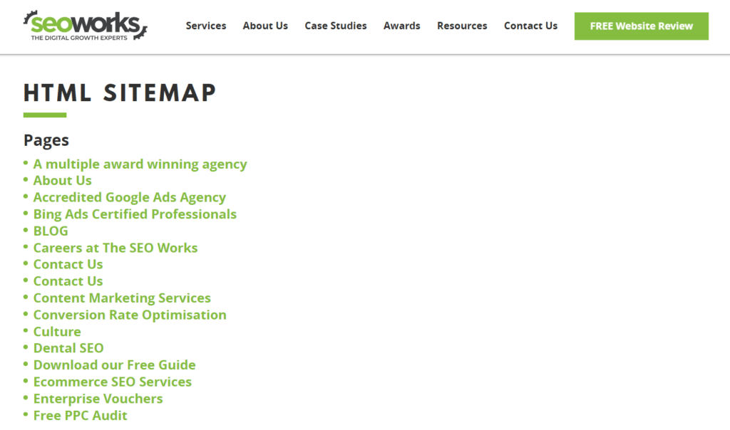 The HTML sitemap on The SEO Works' website.