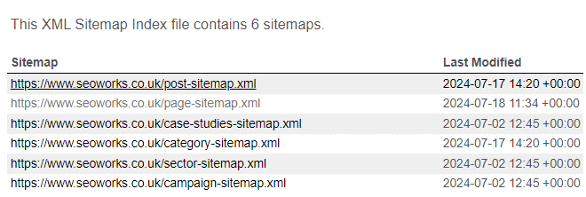 Sitemap index on The SEO Works' website