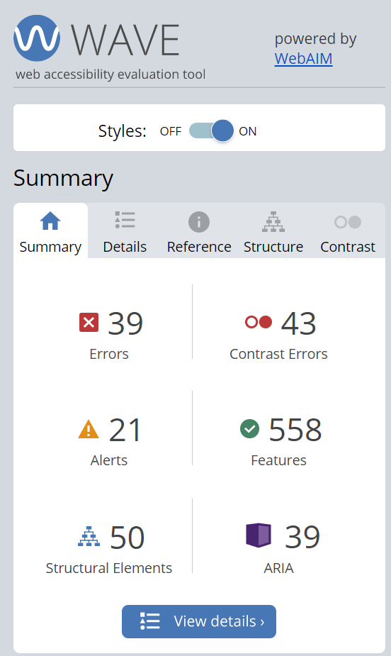 WAVE tool showing a summary of different accessibility metrics